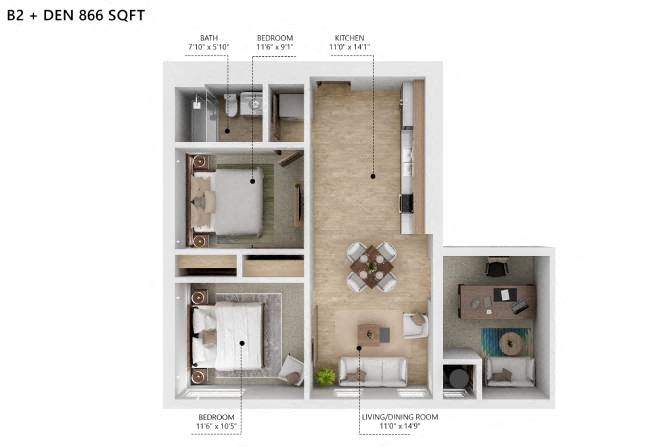 Floor plan for 2 beds, 1 bath, 866 sqft